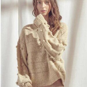 STORIA Pom Pom 3D Oatmeal Tan Sweater Large